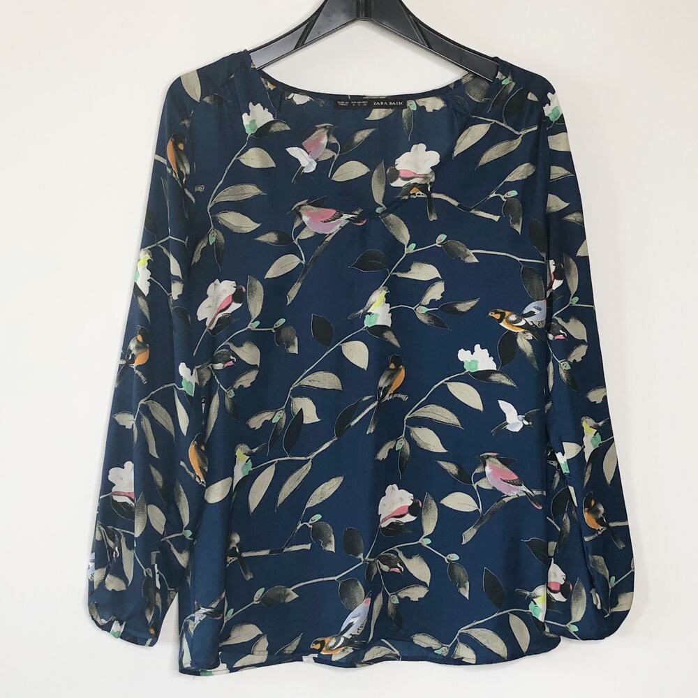 Zara Womens Top Size Small Navy Bird Print Long Sleeve Blouse boat neck